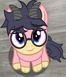 Size: 1589x1860 | Tagged: safe, artist:badumsquish-edits, artist:jaye, derpibooru exclusive, imported from derpibooru, part of a set, oc, oc only, oc:anchor point, goat, hybrid, pony, badumsquish's kitties, glasses, looking at you, looking up, looking up at you, open mouth, open smile, show accurate, simple background, sitting, smiling, solo
