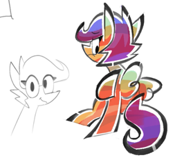 Size: 697x648 | Tagged: safe, artist:yl0w, imported from derpibooru, scootaloo, pegasus, pony, big eyes, colored sketch, duality, eye clipping through hair, eyebrows, eyebrows visible through hair, eyelashes, female, filly, foal, frown, looking at you, orange coat, purple mane, purple tail, saturated, short mane, simple background, sketch, smiling, smiling at you, solo, spread wings, tail, white background, wings