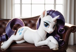 Size: 1216x832 | Tagged: safe, imported from ponybooru, rarity, pony, unicorn, ai content, ai generated, fainting couch, female, generator:everclear pny by zovya, looking at you, lying down, mare, prone, semi-realistic, smiling, smiling at you, solo, unshorn fetlocks, window