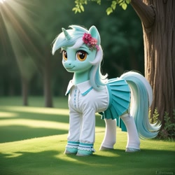 Size: 1024x1024 | Tagged: safe, imported from ponybooru, lyra heartstrings, pony, unicorn, ai content, ai generated, clothed ponies, clothes, female, flower, flower in hair, full body, generator:everclear pny by zovya, grass, looking at you, mare, pleated skirt, semi-realistic, shirt, skirt, socks, solo, thigh highs, tree, unshorn fetlocks