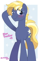 Size: 857x1240 | Tagged: safe, artist:lullapiies, imported from derpibooru, star tracker, earth pony, pony, blushing, flustered, freckles, grin, hooves behind head, male, nervous, nervous grin, older, older star tracker, passepartout, smiling, solo, stallion, standing, stars, sweat