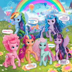 Size: 2000x2000 | Tagged: safe, imported from derpibooru, izzy moonbow, minty, pinkie pie, rainbow dash, sunny starscout, twilight sparkle, alicorn, butterfly, earth pony, pegasus, pony, unicorn, bangs, beautiful, brushable, canterlot, canterlot castle, curly hair, doll, flower, g3, g3 to g5, g4 to g5, g5, generation leap, horn, hot air balloon, irl, kite, kite flying, mane stripe sunny, maretime bay, mountain, name, official, photo, rainbow, text, toy, twilight sparkle (alicorn), zephyr heights