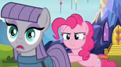 Size: 1390x781 | Tagged: safe, imported from derpibooru, screencap, maud pie, pinkie pie, pony, rock solid friendship, butt touch, c:, discovery family logo, faic, female, friendshipper on deck, hoof on butt, out of context, push, pushing, rump push, smiling, surprised, twilight's castle