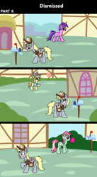 Size: 1920x3516 | Tagged: safe, artist:platinumdrop, imported from derpibooru, amethyst star, derpy hooves, minty bubblegum, noi, sparkler, earth pony, pegasus, pony, unicorn, comic:dismissed, 3 panel comic, alternate timeline, background pony, bag, ball, bubble, bubblegum, comic, commission, female, filly, foal, folded wings, food, gum, hat, heartbreak, horn, implied doctor whooves, implied roseluck, looking at someone, mail, mailbox, mailmare, mailmare hat, mailmare uniform, mailpony, mare, mouth hold, open mouth, playing, ponyville, raised hoof, sad, saddle bag, smiling, this will not end well, town, walking, wings, working