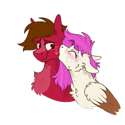 Size: 2000x2000 | Tagged: safe, artist:molars, imported from derpibooru, oc, oc:grand finale, oc:molars, pegasus, pony, blushing, brown mane, chest fluff, doodle, female, freckles, heart, kissing, male, mare, red fur, sketch, stallion, stripe