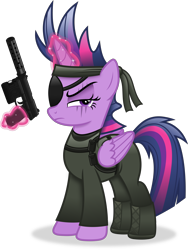 Size: 3154x4192 | Tagged: safe, artist:anime-equestria, imported from derpibooru, twilight sparkle, alicorn, alternate hairstyle, boots, clothes, eyepatch, female, gun, handgun, headband, high res, hk mk.23, horn, levitation, magic, mare, metal gear, pouch, scar, shoes, silencer, simple background, solo, telekinesis, transparent background, twilight sparkle (alicorn), vector, weapon, wings
