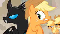 Size: 600x338 | Tagged: safe, imported from derpibooru, screencap, applejack, changeling, earth pony, pony, a canterlot wedding, angry, animated, fight, gif, gifrun.com, hissing