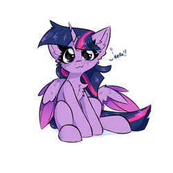 Size: 2000x2000 | Tagged: safe, artist:jubyskylines, imported from derpibooru, twilight sparkle, alicorn, pony, :3, chest fluff, colored wings, colored wingtips, cute, ear fluff, female, heart, hello, looking at you, mare, simple background, sitting, smiling, smiling at you, solo, talking to viewer, twilight sparkle (alicorn), white background, wings