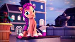 Size: 3840x2160 | Tagged: safe, artist:psfmer, imported from derpibooru, sunny starscout, earth pony, pony, 3d, :p, cute, drink, female, g5, looking at you, mare, maretime bay, sitting, smoothie, solo, source filmmaker, sunnybetes, tongue out, unshorn fetlocks