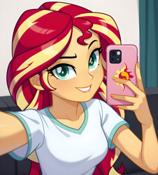 Size: 2960x3280 | Tagged: safe, imported from derpibooru, sunset shimmer, human, equestria girls, ai content, ai generated, breasts, generator:pony diffusion v6 xl, generator:stable diffusion, holding phone, looking at you, prompter:thismaybeyou, selfie, smiling, smiling at you, smirk