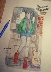 Size: 1463x2048 | Tagged: safe, artist:daisymane, imported from derpibooru, octavia melody, human, equestria girls, clothes, female, fishnets, guitar, jacket, looking away, musical instrument, skirt, solo, traditional art, watercolor painting