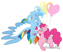 Size: 2489x2051 | Tagged: safe, artist:artistcoolpony, imported from derpibooru, pinkie pie, rainbow dash, earth pony, pegasus, pony, balloon, blush scribble, blushing, boop, eyes closed, female, floating, heart, heart balloon, high res, lesbian, mare, noseboop, pinkiedash, shipping, signature, simple background, smiling, spread wings, then watch her balloons lift her up to the sky, transparent background, upside down, wings