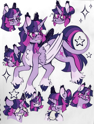 Size: 1555x2048 | Tagged: safe, artist:shyhandart, imported from derpibooru, twilight sparkle, alicorn, pony, alternate design, blaze (coat marking), blushing, chest fluff, coat markings, colored hooves, colored wings, crying, cup, facial markings, female, glasses, hair bun, horn, leonine tail, mare, multeity, no pupils, onomatopoeia, pale belly, simple background, sleeping, smiling, socks (coat markings), solo, sparkles, stars, tail, twilight sparkle (alicorn), two toned wings, unshorn fetlocks, wavy mouth, white background, wings