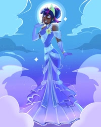 Size: 1080x1353 | Tagged: safe, artist:yurico, imported from derpibooru, twilight sparkle, human, clothes, cloud, dark skin, dress, female, glasses, humanized, jewelry, moon, night, sky, solo, tiara