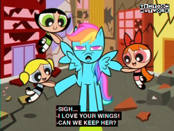 Size: 640x480 | Tagged: safe, artist:tehnutball, imported from derpibooru, rainbow dash, human, pegasus, pony, double rainboom, city, crossover, female, frown, mare, narrowed eyes, open mouth, spread wings, text, the powerpuff girls, townsville, wings