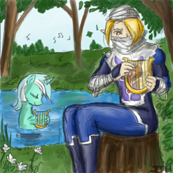 Size: 900x900 | Tagged: safe, artist:johnjoseco, artist:michos, imported from derpibooru, lyra heartstrings, sea pony, crossover, lyre, music notes, musical instrument, pond, seaponified, seapony lyra, sheik, species swap, the legend of zelda, tree, tree stump, water