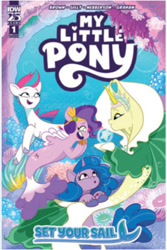 Size: 624x935 | Tagged: safe, idw, imported from derpibooru, izzy moonbow, pipp petals, zipp storm, pegasus, seapony (g4), unicorn, spoiler:comic, spoiler:g5comic, bubble, comic, comic cover, crepuscular rays, cute, dorsal fin, eyes closed, female, fin, fin wings, fins, fish tail, flowing mane, flowing tail, g5, happy, high res, horn, looking at each other, looking at someone, low quality, lowres, mare, my little pony logo, my little pony: set your sail, ocean, official, official comic, open mouth, open smile, pony history, royal sisters (g5), seaponified, seapony izzy moonbow, seapony pipp petals, seapony zipp storm, seaweed, set your sail, siblings, sisters, smiling, smiling at each other, species swap, sunlight, swimming, tail, underwater, unnamed character, water, wings