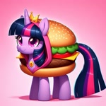 Size: 1024x1024 | Tagged: safe, imported from derpibooru, twilight sparkle, pony, ai content, ai generated, burger, clothes, costume, crown, food, generator:dall-e 3, hoodie, jewelry, prompter:doomguy397, regalia, that pony sure does love burgers, twilight burgkle