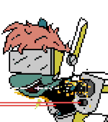 Size: 450x510 | Tagged: safe, artist:nukepony360, imported from derpibooru, oc, oc only, oc:m.a.r.e., cyborg, earth pony, animated, armor, augmented, female, gif, gun, laughing, loop, mare, perfect loop, pixel animation, pixel art, shooting, simple background, solo, transparent background, weapon