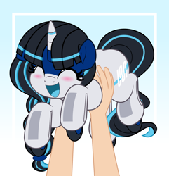 Size: 4822x5000 | Tagged: safe, artist:jhayarr23, imported from derpibooru, oc, oc only, oc:ratangga, human, object pony, original species, pony, train pony, unicorn, hand, happy, holding a pony, horn, offscreen character, offscreen human, ponified, solo focus, train