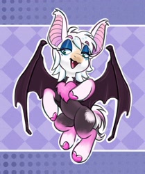 Size: 3098x3706 | Tagged: safe, artist:opalacorn, imported from derpibooru, bat pony, pony, eye clipping through hair, eyebrows, eyebrows visible through hair, female, lidded eyes, mare, open mouth, open smile, patterned background, ponified, rouge the bat, smiling, solo, sonic the hedgehog (series)