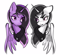 Size: 2835x2574 | Tagged: safe, artist:opalacorn, imported from derpibooru, oc, oc only, oc:starlight, alicorn, pony, bust, duality, frown, furrowed brow, lidded eyes, looking at each other, looking at someone, simple background, white background