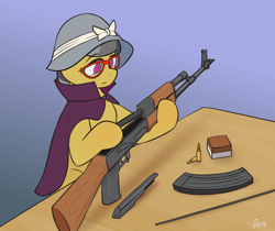 Size: 3100x2600 | Tagged: safe, artist:zeroonesunray, imported from derpibooru, a.k. yearling, pegasus, pony, ak-47, assault rifle, female, gun, high res, mare, name pun, pun, rifle, sitting, solo, visual pun, weapon