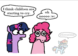 Size: 1109x803 | Tagged: safe, artist:punkittdev, imported from derpibooru, pinkie pie, rainbow dash, twilight sparkle, alicorn, earth pony, pegasus, pony, comic panel, dialogue, duo focus, female, frown, mare, simple background, speech bubble, trio, twilight sparkle (alicorn), white background