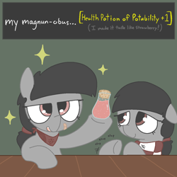 Size: 1020x1020 | Tagged: safe, artist:castafae, imported from derpibooru, oc, oc only, oc:ardent glyph, oc:faint rune, earth pony, bandaid, bandana, clapping, clothes, dialogue, duo, duo female, female, filly, floppy ears, foal, green background, misspelling, ponytail, potion, scarf, siblings, simple background, stars, table, tooth gap, twins
