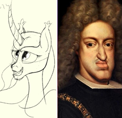 Size: 625x603 | Tagged: safe, imported from derpibooru, pony, unicorn, charles ii of spain, curved horn, ear fluff, female, habsburg, horn, inbreeding, mare, ponified, ridiculous, rule 63, sketch, ugly