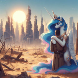 Size: 1024x1024 | Tagged: safe, imported from derpibooru, princess celestia, alicorn, human, ai content, ai generated, anonymous prompter, bipedal, city, cityscape, clothes, coat, dead tree, desert, generator:bing image creator, generator:dall-e 3, hug, post-apocalyptic, sand, skyscraper, standing, standing on two hooves, tower, tree, trenchcoat, wrong cutie mark