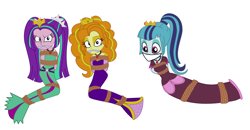 Size: 3728x1944 | Tagged: safe, artist:brightstar40k, imported from derpibooru, adagio dazzle, aria blaze, sonata dusk, human, equestria girls, bondage, bound and gagged, clothes, dress, gag, long dress, long skirt, skirt, the dazzlings, tied up