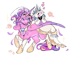 Size: 2238x1785 | Tagged: safe, artist:gorjee-art, imported from derpibooru, princess cadance, shining armor, alicorn, pony, unicorn, clothes, dress, duo, duo male and female, female, floating heart, flower, heart, hoof on chin, horn, husband and wife, jewelry, kiss mark, large wings, larger female, lipstick, looking back, male, mare, meme, ponies riding ponies, riding, ring, shiningcadance, shipping, simple background, size difference, smaller male, smiling, sparkles, stallion, straight, the bride and the ugly ass groom, wedding dress, wedding ring, white background, wings