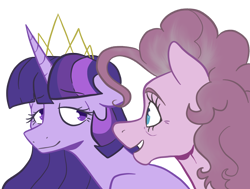 Size: 1400x1056 | Tagged: safe, artist:smirk, imported from derpibooru, pinkie pie, twilight sparkle, crown, duo, jewelry, lidded eyes, older, regalia, simple background, somber, transparent background, wrinkles