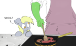 Size: 4800x2919 | Tagged: safe, artist:ponny, imported from derpibooru, derpy hooves, oc, oc:anon, human, pegasus, pony, colored, cooking, food, frying pan, meat, sausage, simple background, speech bubble, stove, text, white background, wooden spoon
