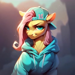 Size: 5120x5120 | Tagged: safe, imported from derpibooru, fluttershy, pegasus, pony, absurd resolution, ai content, ai generated, backwards ballcap, baseball cap, cap, clothes, generator:purplesmart.ai, generator:stable diffusion, hat, hoodie, looking at you, outdoors, prompter:enterusxrname, smiling, smirk, solo