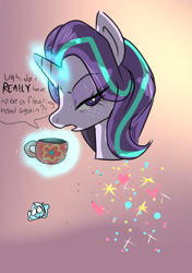 Size: 874x1240 | Tagged: safe, artist:peanutfrogy, imported from derpibooru, starlight glimmer, trixie, pony, unicorn, annoyed, cup, decapitated, dialogue, disembodied head, female, freckles, glowing, glowing horn, heart, horn, lesbian, shipping, sparkles, stars, startrix, thumbs up, wat