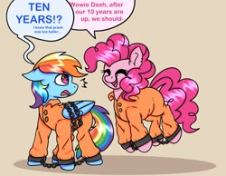 Size: 1348x1048 | Tagged: safe, artist:bluemoon, imported from derpibooru, pinkie pie, rainbow dash, earth pony, pegasus, pony, chained, chains, clothes, commissioner:rainbowdash69, cuffed, cuffs, duo, jumpsuit, never doubt rainbowdash69's involvement, prison outfit, prisoner, prisoner pp, prisoner rd, shackles