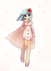 Size: 1000x1407 | Tagged: safe, artist:howxu, imported from derpibooru, coco pommel, anthro, cape, clothes, dress, simple background, solo, white background