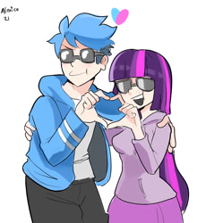 Size: 1040x1130 | Tagged: safe, artist:alexicoreborn, imported from derpibooru, twilight sparkle, human, clothes, crossover, crossover shipping, emanata, female, hand on shoulder, heart hands, humanized, jacket, male, mordecai, mordetwi, regular show, shipping, signature, simple background, skirt, straight, sunglasses, sweater dress, white background