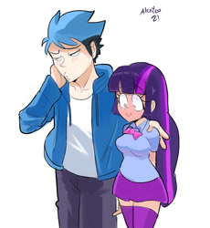 Size: 1040x1130 | Tagged: safe, artist:alexicoreborn, imported from derpibooru, twilight sparkle, human, blue hair, blushing, bowtie, clothes, crossover, crossover shipping, female, humanized, jacket, male, mordecai, mordetwi, regular show, shipping, signature, simple background, skirt, socks, stockings, straight, thigh highs, white background