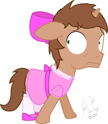 Size: 1581x1820 | Tagged: safe, artist:ace play, imported from derpibooru, oc, oc only, oc:heroic armour, pony, unicorn, bow, clothes, colt, commissioner:peternators, crossdressing, dress, floppy ears, foal, hair bow, horn, male, simple background, socks, solo, transparent background, unicorn oc, vector, worried