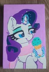 Size: 2268x3310 | Tagged: safe, artist:lbrcloud, imported from derpibooru, part of a set, rarity, pony, unicorn, clothes, food, horn, ice cream, magic, scarf, solo, telekinesis, traditional art