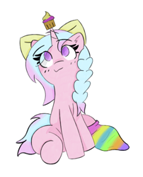 Size: 3104x3836 | Tagged: safe, artist:riley_draws_, imported from derpibooru, oc, oc only, oc:cupcake swirl, pony, unicorn, bow, braid, clothes, colored, colorful, cupcake, digital art, food, hair bow, happy, horn, looking up, pink pony, purple eyes, simple background, sitting, smiling, sock, socks, solo, unicorn oc, white background