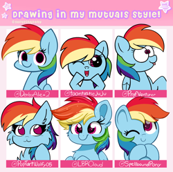 Size: 2048x2038 | Tagged: safe, artist:kittyrosie, imported from derpibooru, rainbow dash, pegasus, pony, :3, cheek fluff, chest fluff, cute, dashabetes, dashstorm, drawing in mutuals style, ear fluff, female, kittyrosie is trying to murder us, mare, multeity, one eye closed, open mouth, style emulation, tongue out
