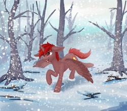 Size: 1920x1680 | Tagged: safe, artist:fess, imported from derpibooru, oc, oc:hardy, alicorn, pony, alicorn oc, forest, horn, male, nature, running, smiling, snow, snowfall, spread wings, stallion, tree, wings