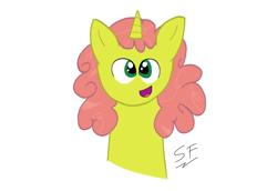 Size: 1950x1339 | Tagged: safe, artist:solemnfutury, imported from derpibooru, giddilee, pony, unicorn, female, happy, horn, looking at you, signature, simple background, solo, white background