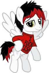 Size: 932x1378 | Tagged: safe, artist:lightningbolt, derpibooru exclusive, imported from derpibooru, pegasus, pony, .svg available, awsten knight, clothes, dyed mane, dyed tail, flying, heterochromia, hoof on hip, lidded eyes, looking at you, male, ponified, shirt, show accurate, simple background, solo, spread wings, stallion, svg, t-shirt, tail, transparent background, vector, vulgar, waterparks, wings