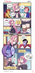 Size: 1080x2250 | Tagged: safe, artist:traupa, imported from derpibooru, fluttershy, anthro, pegasus, unguligrade anthro, comic:ow! fluttershy!, breasts, busty fluttershy, clothes, eyes closed, female, job, maid, male, offscreen character, speech bubble, waitress