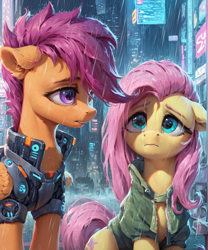 Size: 1000x1200 | Tagged: safe, imported from derpibooru, fluttershy, scootaloo, pegasus, ai content, ai generated, city, cyberpunk, duo, ear fluff, female, floppy ears, fluffy, generator:pony diffusion v6 xl, generator:stable diffusion, mare, neck fluff, neon, night, older, older scootaloo, prompter:star-dragon, rain, sternocleidomastoid